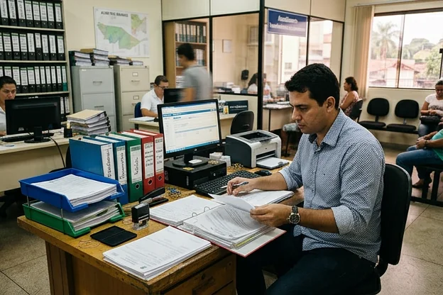 Despachante organizando documentos para transferência de veículo.